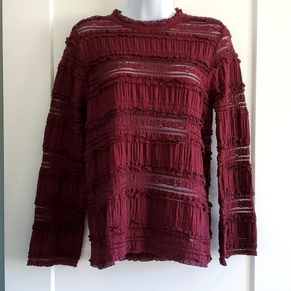 ByTiMo Ruffled Lace long sleeve top size medium maroon - Picture 2 of 7